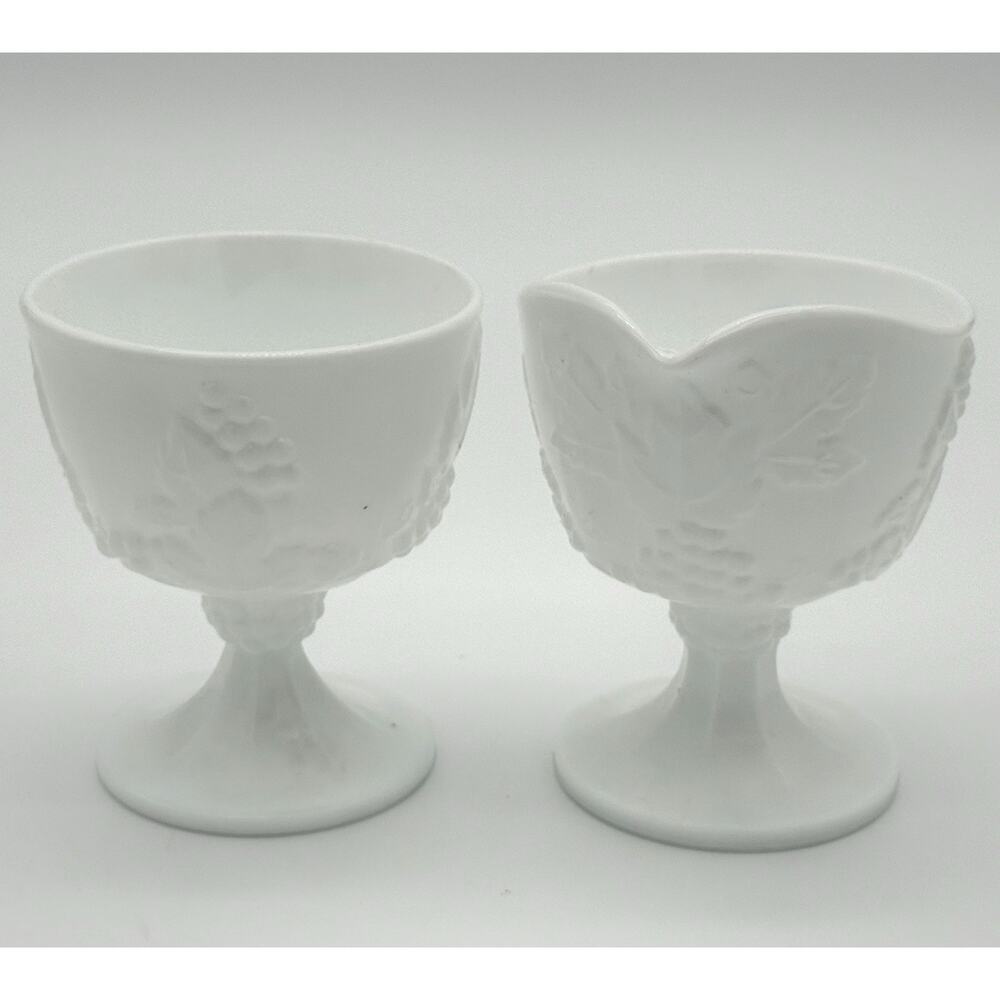 Vintage Milk Glass Grapevine Pattern Footed Creamer and Sugar Bowl Set